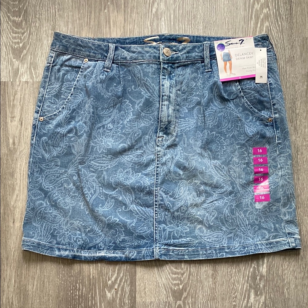 Seven7 Delancey Paisley Blue Denim Mini Skirt, NWT, Size 16